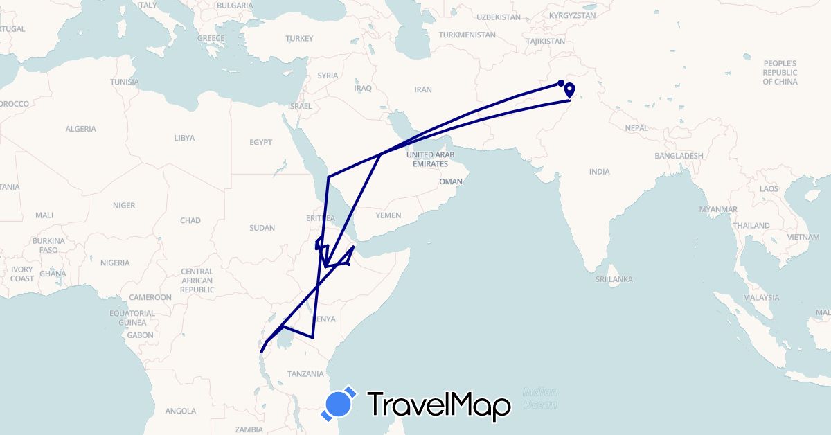 TravelMap itinerary: driving in Burundi, Djibouti, Ethiopia, Kenya, Pakistan, Rwanda, Saudi Arabia, Uganda (Africa, Asia)
